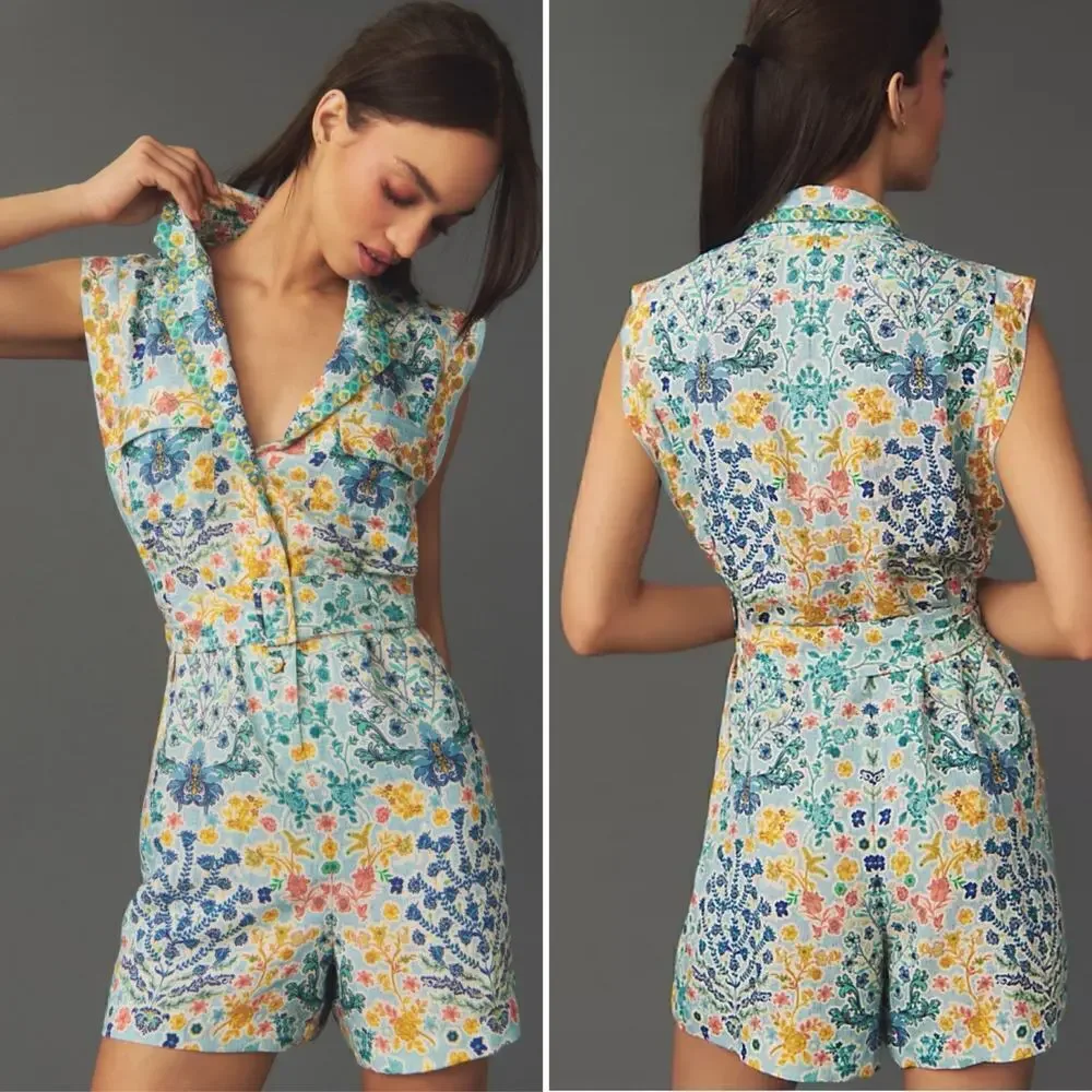 Ranna Gill at Anthropologie Sleeveless Collared Linen Romper Size Large NEW